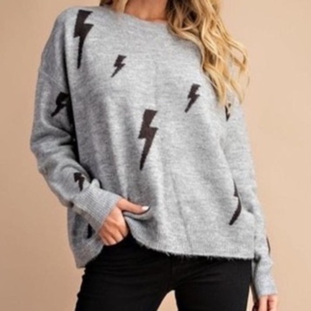 Ee:some Lightning Bolt Oversized Sweater Gray Black Knit Crewneck Pullover S/M n